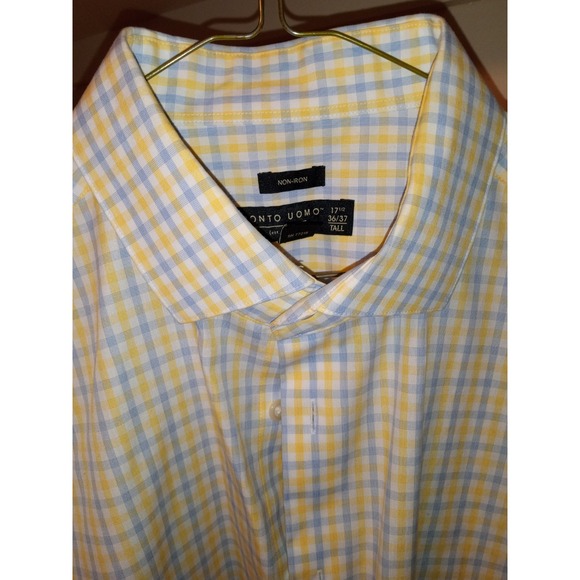 Pronto Uomo Button Up Shirt Mens XLT Tall 17.5 36/37 White Plaid Oxford Non-Iron - Picture 1 of 9